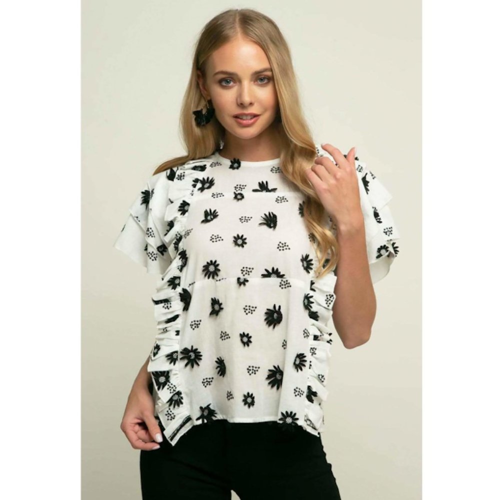 24. Eva Franco Zoe Floral Ruffle Blouse 100% Cotton Black and White